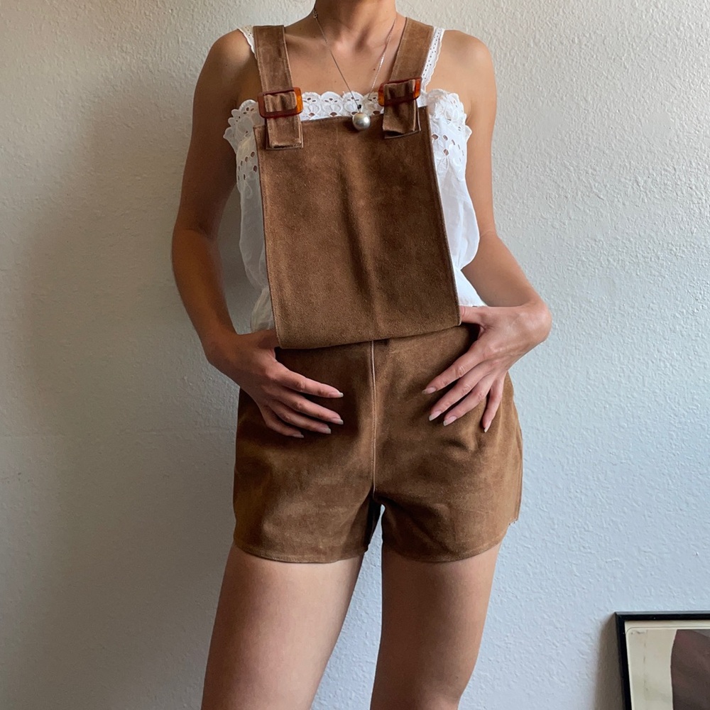 Vintage handmade 1960 suede overall shorts with glorious lucite buckle adjusters